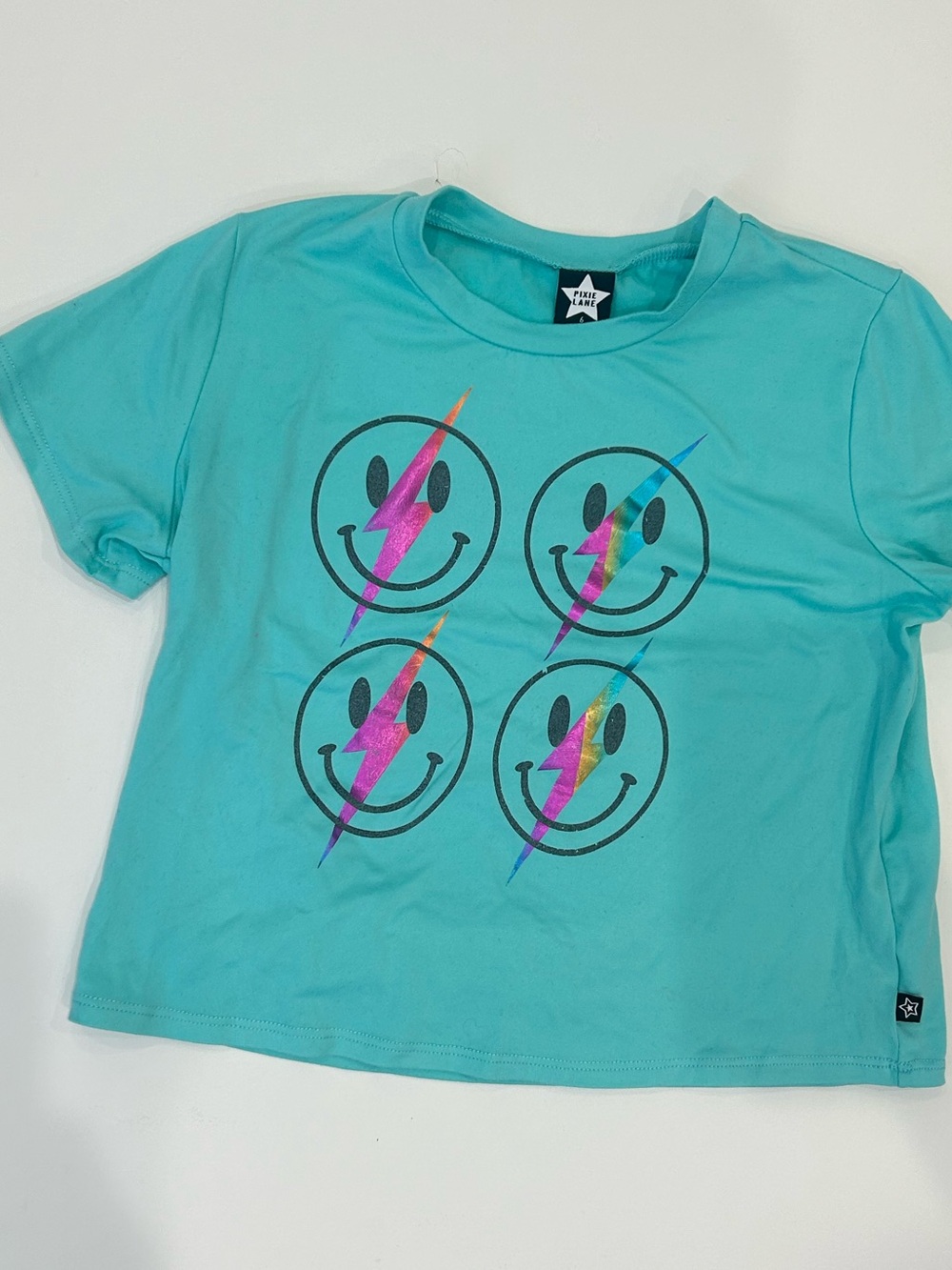 Pixielane Size 6 Short Sleeve Turquoise Graphic Tee with Smiley Bolts